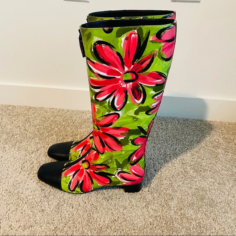 Michael Kors Collection Anita Runway Floral Print Full Calf Leather Knee Boots